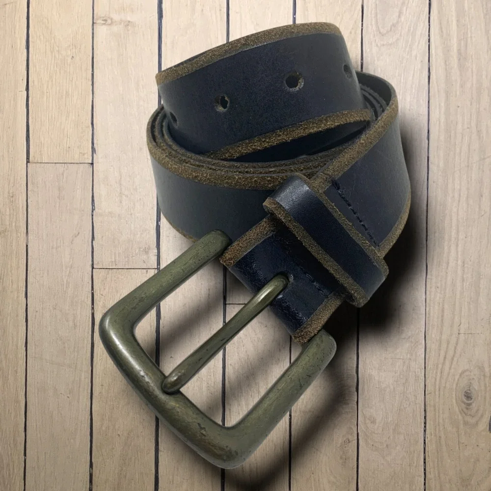 Vintage Y2K Phys.Sci. Men's Sz 44 Black Leather Raw Edge Belt Brass Hardware